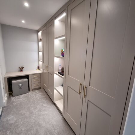 Bespoke Walk In Wardrobe With Display Shelving, Shaker Style Doors ...