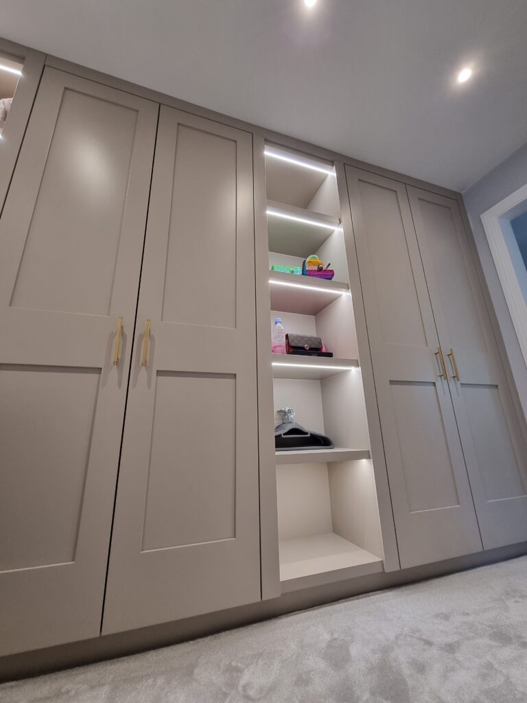 Bespoke Walk In Wardrobe With Display Shelving, Shaker Style Doors 