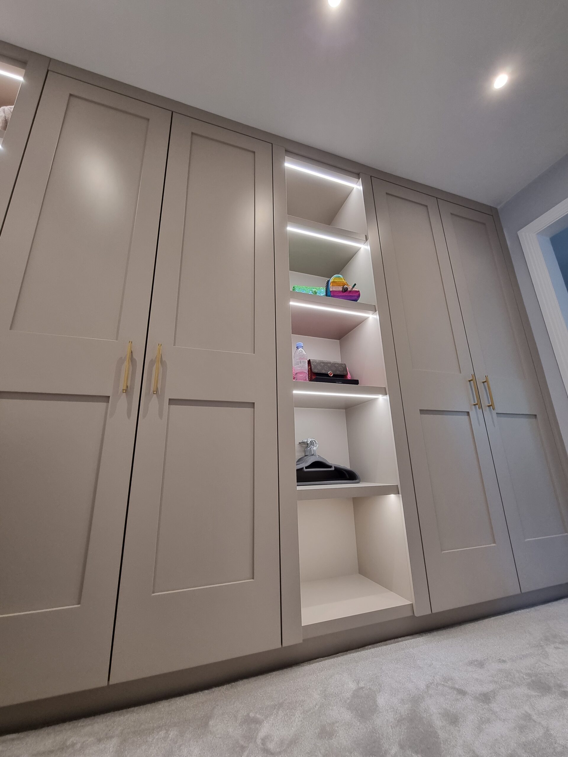 Bespoke Walk In Wardrobe With Display Shelving, Shaker Style Doors ...