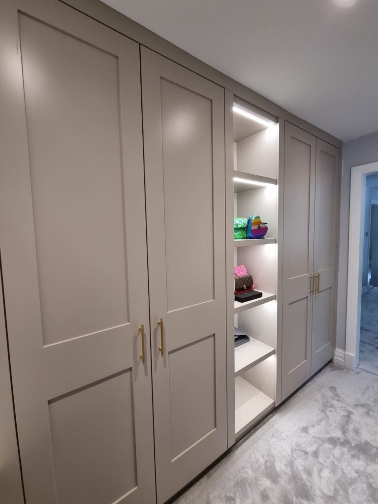 Bespoke Walk In Wardrobe With Display Shelving, Shaker Style Doors ...