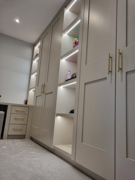 Bespoke Walk In Wardrobe With Display Shelving, Shaker Style Doors ...