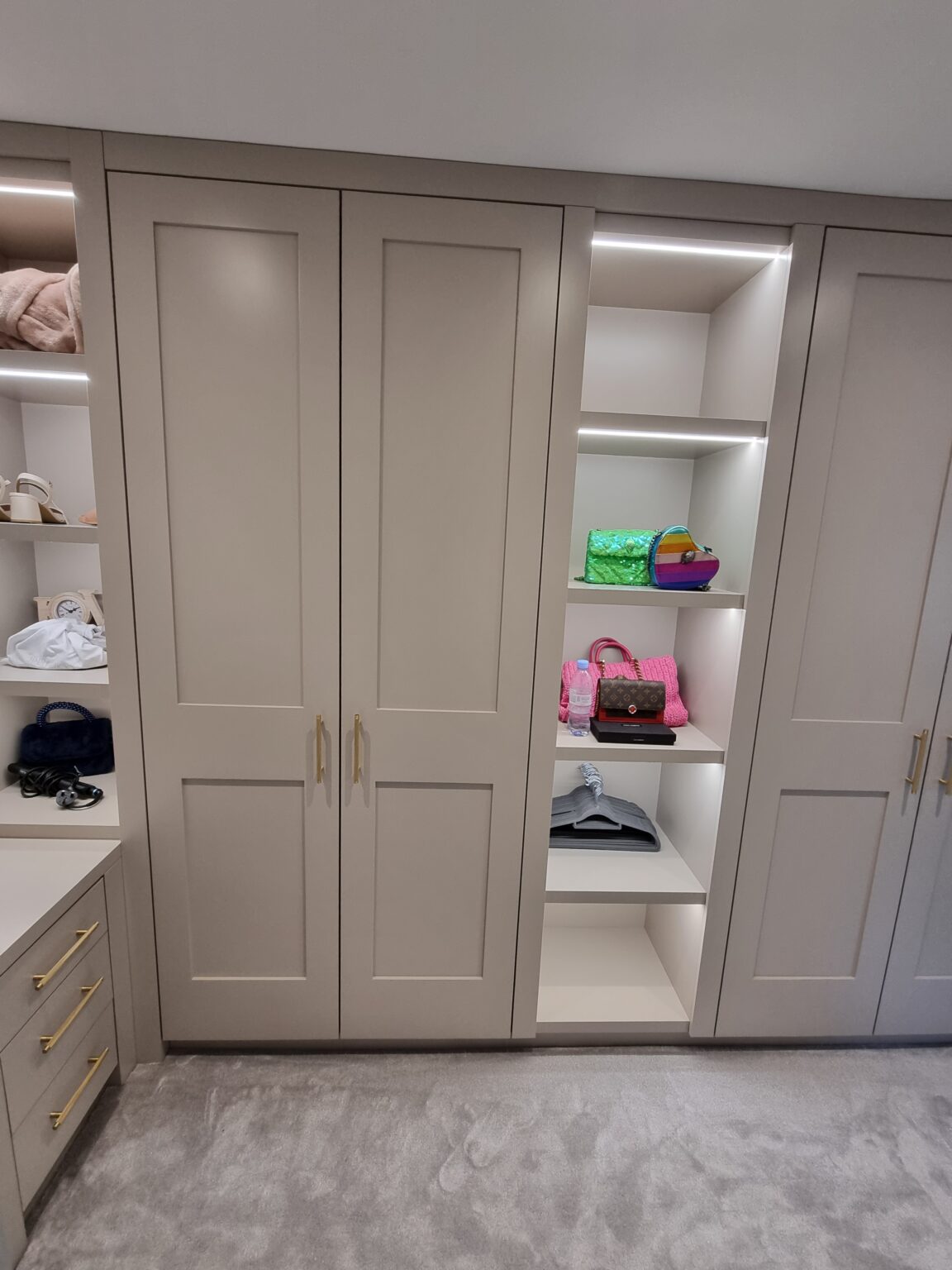 Bespoke Walk In Wardrobe With Display Shelving, Shaker Style Doors ...