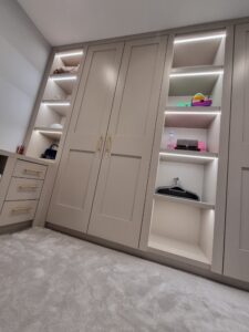 Bespoke Walk In Wardrobe With Display Shelving, Shaker Style Doors ...